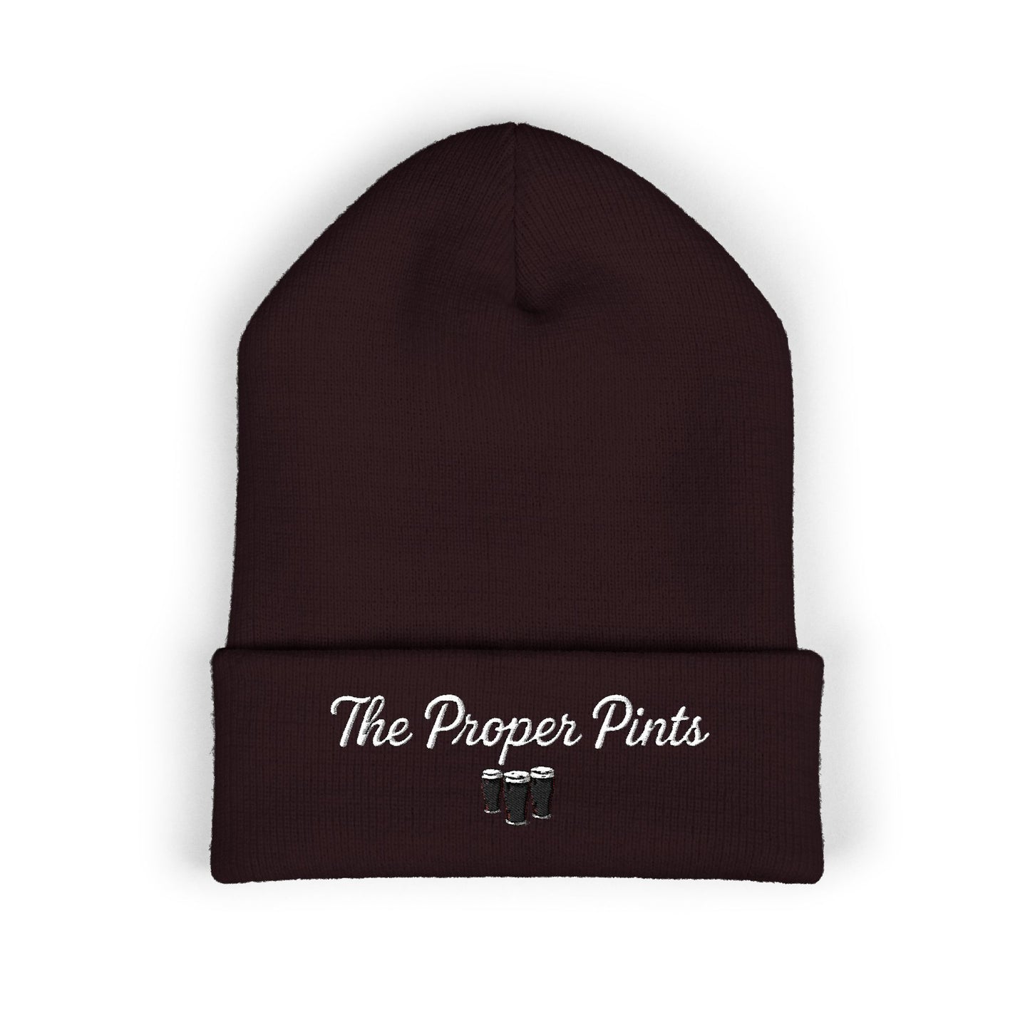 Embroidered 'The Proper Pints' Cuffed Beanie — Cozy Pub-Inspired Knit Hat